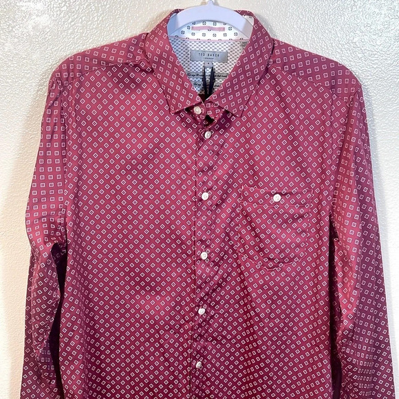 Ted Baker MENS PINK GEOMETRIC FLORAL PRINT STRETCH COTTON SHIRT in pink size 4/L - Picture 4 of 11